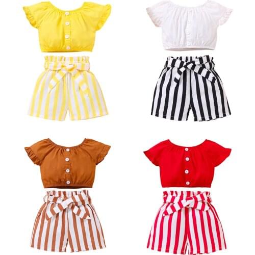 2-6Years Girls Summer Casual Two-piece Clothes Solid Color Round Collar Short Sleeve Tops + Striped Shorts
