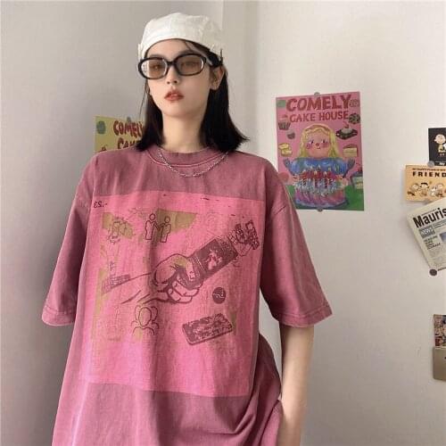 Summer college style cartoon print half-sleeved mid-length loose cotton T-shirt all-match casual women