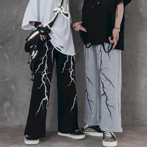Mens casual pants dark lightning print loose all-match retro pants high street straight wide-leg pants sports pants mens autumn