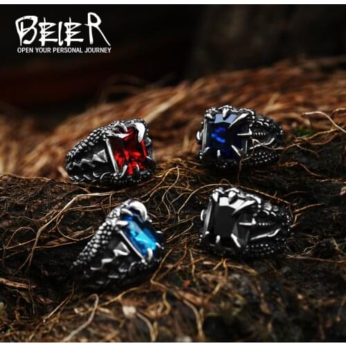 Beier 316L Stainless Steel nose viking Battle axe Blue/Black/Green/red Zircon Big stone Classic Claw Punk ring jewelry LR058