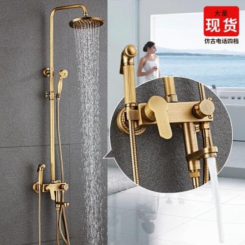 Antique Brass Thermostatic Shower Faucets Set Brass Rainfall Shower Head Brass Mixer Tap Bathroom Shower Faucet Set