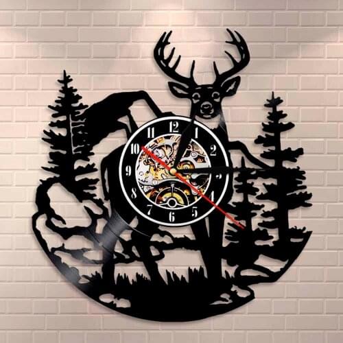 Woodlands Buck Wall Decor Vinyl Record Clock Birch Tree Forest Deer Wall Art Mancave Hunting Club Animals Vintage Wall Clock