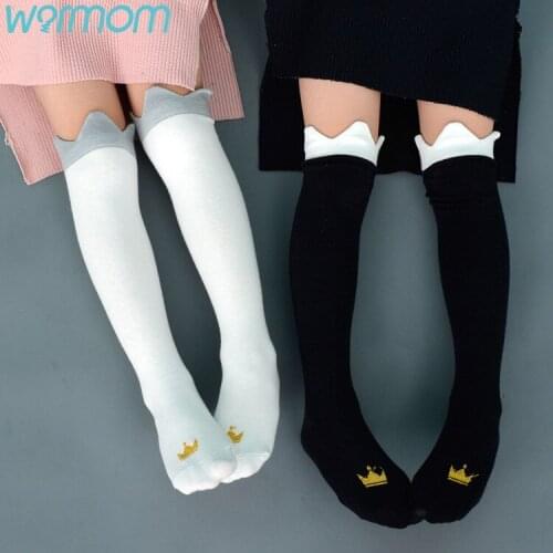 Warmom 1 Pair Kids Socks Pure Cotton Printed Crown/Smile Face Knee High Socks Age 3-8 Beauty Girls Socks Fashion Kawaii Style