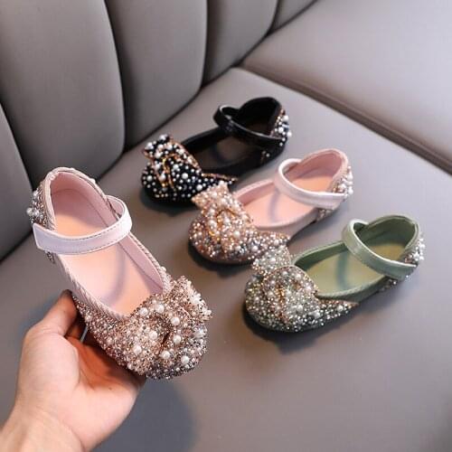 New Childrens Shoes Pearl Rhinestones Shining Kids Princess Shoes Baby Girls Shoes for Party and Wedding