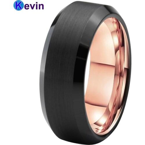 Men Women Tungsten Wedding Band Ring Black Rose Gold Color Beveled Brushed Finish Comfort Fit