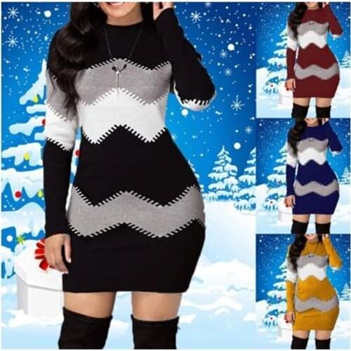 Autumn Winter New Color Striped Long Sleeve Knitted Dress Women Slim Hip Long Sleeve O-neck Dresses Womens