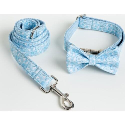 Personalized Blue Paisley Dog Collar Leash With Bow Tie Set Free Engraved Nameplate For Small Medium Large Dog