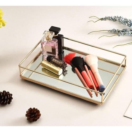Clear Glass Mirrored Storage Makeup Tray Candle Plate Home Organizer Golden