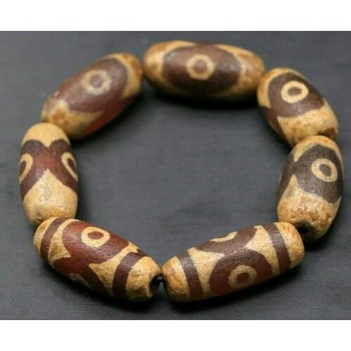 Rare Tibetan Ritual 3 Eye Tiger-tooth Wisdom Totem dzi Bead Bracelet Bangle Treasure Amulet Talisman LKbrother Sauces