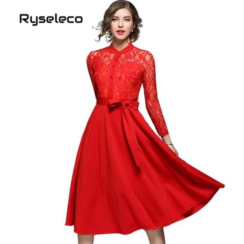Ryseleco Fashion Single Breasted Lace Patchwork Vintage Flare Dress Hollow Out Elegant Stand Collar Lace Up Party Bride Vestidos