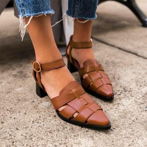 Women Weave Buckle Sandals Female Summer Casual Shoes Ladies PU Leather Pointed Toe Square Med Heels Woman Footwear Plus Size
