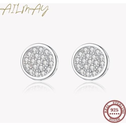 Ailmay High Quality Fashion 925 Sterling Silver Shiny Zircon Round Stud Earring for Women Wedding Engagement Jewelry Gift