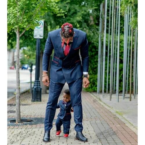 Blue Pinstripe Men Suit Double Breasted Business Formal Tuxedo Groom Suits For Men Wedding Party Peak Lapel Male Slim Fit Blazer