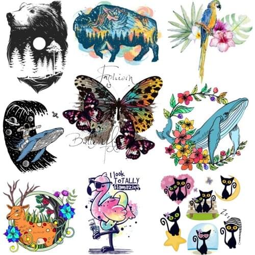 Cartoon Animals Thermal Sticker Whale Heat Vinyl Transfer For Clothing Iron On Transfer On Clothes Applique For Washable T-shirt