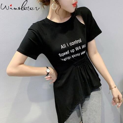 Summer European Clothes Cotton T-Shirt Solid Sexy Hollow Out Irregularity Drape Print Letter Women Tops Short Sleeve Tee T16127A