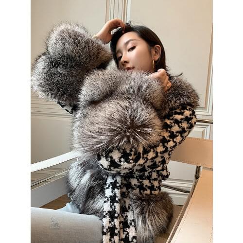 MENINA BONITA 2021 Fashion Winter Jacket Women Belt Coat Natural Real Silver Fox Fur Collar Black White Plaid Warm Streetwear