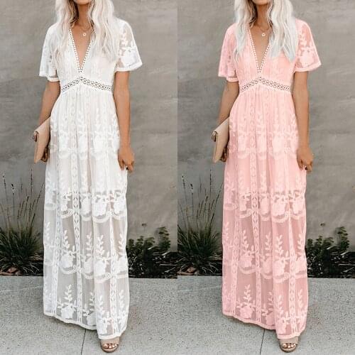 2021 Summer Boho Women Maxi Dress Loose Embroidery White Lace Long Tunic Beach Dress Vacation Holiday Clothes MH947