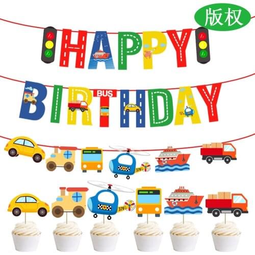 1 set Cute Cartoon Car Road Bus Airplane Banner Flag Creative Garland Banner Birthday Party Room Decoration Supplies
