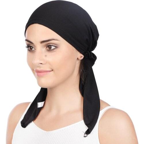 2020 Elastic Cotton Turban Hat Solid Color Women Headscarf Bonnet Hijabs Cap Muslim Hijab femme Wrap Head QMilch Two Tail Toque
