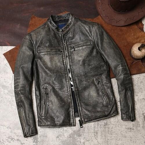 2020 Vintage Grey Men Slim Fit Bikers Jacket Plus Size XXXL Genuine Cowhide Autumn Short Motorcycle Leather Coat