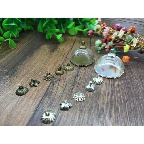5sets 25mm silver/bronze plated bezels base diy finding lace edge tray with Glass dome cover vial pendants jewelry necklace set