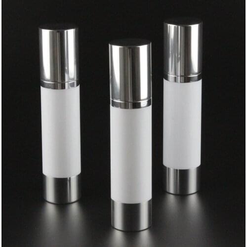 50ml white airless bottle, white body , shiny silver pump/lid/bottom , nice packing for your items serum/lotion/foundation