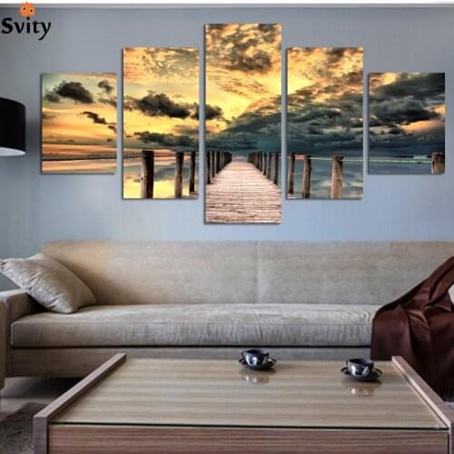 Free shipping 5 piece seascape wall art wooden bridge painting on canvas sunset ocean pictures unique gift for home decoration
