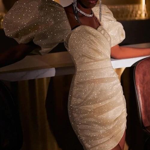 Sparkle Mermaid Evening Dresses Short Luxury 2021 Sequin Puff Sleeves White Knee-Length Prom Gowns Sexy Custom vestido de fiesta