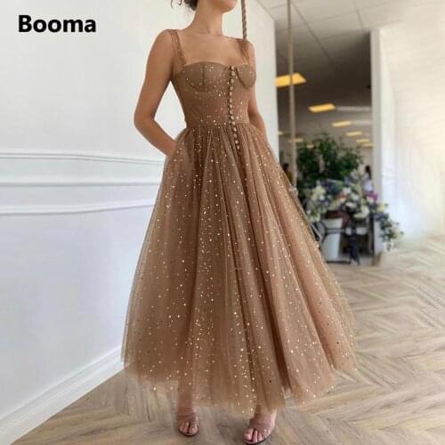 Booma Sparkly Coffee Short Prom Dresses Straps Starry Tulle Buttoned A-Line Evening Dresses Open Back Tea-Length Formal Gowns