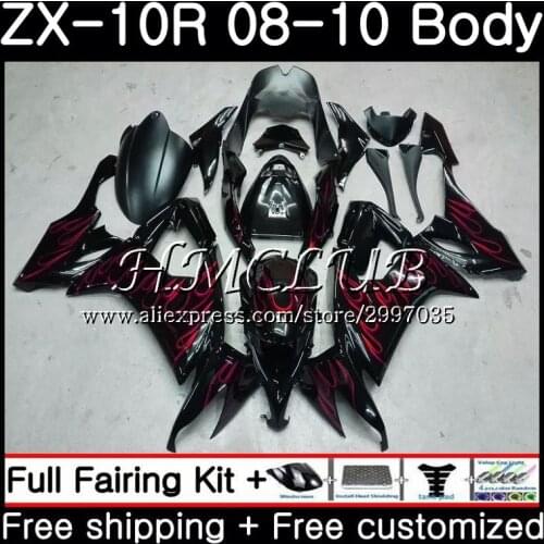 Bodywork For KAWASAKI NINJA ZX10R ZX1000C 2008 2009 2010 63HC.0 ZX 10R ZX 10 R ZX1000 ZX-10R 08 09 10 Fairing kit Red flames blk