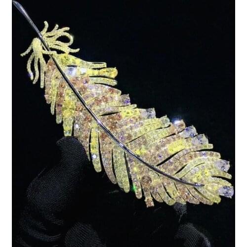 Yellow color 925 sterling silver with cubic zircon feather brooch high quality 36*116MM fine women jewelry free shipping