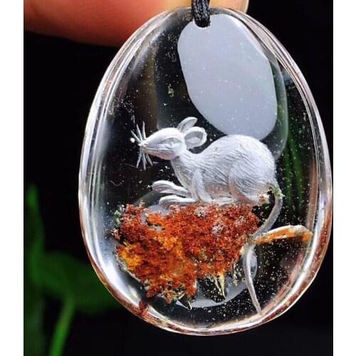 Flower Natural Ghost Crystal Pendant Hand Carved Mouse Sweater Chain Necklace Lucky for Women Men Chinese Zodiac Crystal Jewelry
