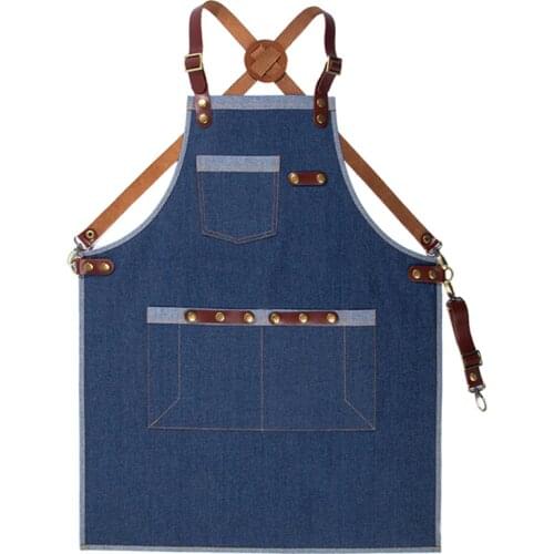 Black Blue Denim Long Apron Leather Strap Barista Cafe Baker BBQ Chef Uniform Barber Florist Carpenter Painter Work Wear K23