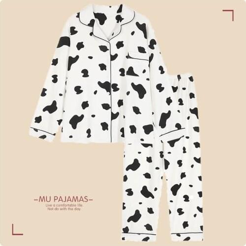Cotton Women Pajamas Sets Cute Cow Print Sleepwear Cartoon Casual Homewear Winter Female Plus Size Home Clothes 2 Pieces Suit