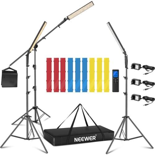 Neewer 3 Packs 2.4 GHz LED Light Stick Photography Lighting Kit and 3 Color Filters - Remote Dimmable CRI 95 with Boom Arm Stand