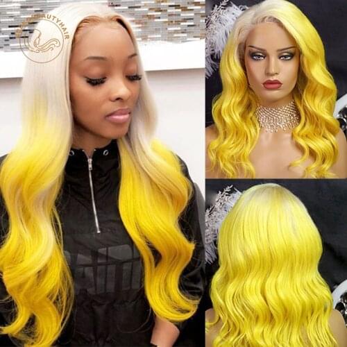 Transparent Lace Frontal Wigs Ombre 613 Blonde Yellow Wavy 13X4 Lace Front Wig Full Density 2 Tones Colored Human Hair Wigs