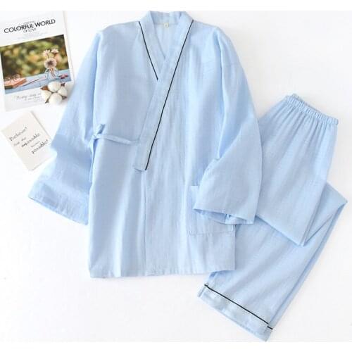 Japanese-style kimono pajamas men spring and autumn encryption washed crepe cotton gauze sleepwear suit loose Lounge Negligee