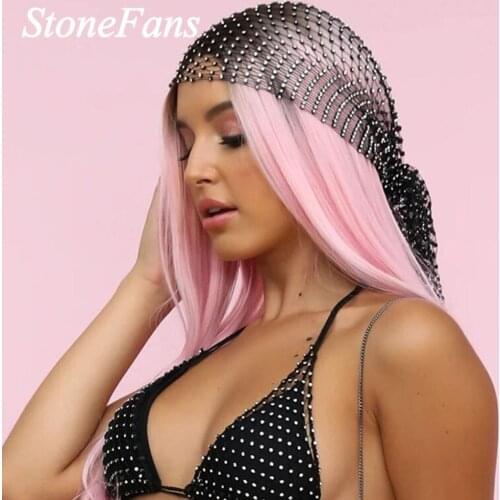 Stonefans Handmade Bling Crystal Head Scarf Tassel Jewelry for Women Fashion Rhinestone Head Accessories Black Headband Hollow