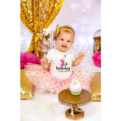 Newborn Baby Short-sleeved My First Birthday Letter Print Girls Pink Tutu Cake Outfits Girls Dresses Cloth Suit Baby Shower Gift