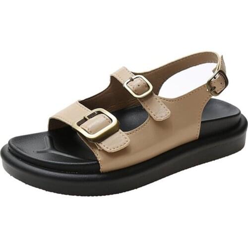 2021 Summer New Fashion Women Shoes Retro Solid Metal Pin Buckle Female Casual All-match Flat Soled Roman Thick Soled PU Sandals