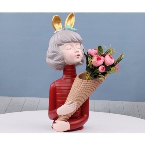 Nordic ins bouquet girl resin sculpture wine cabinet porch TV cabinet desktop dried flower flower decoration figurines crafts