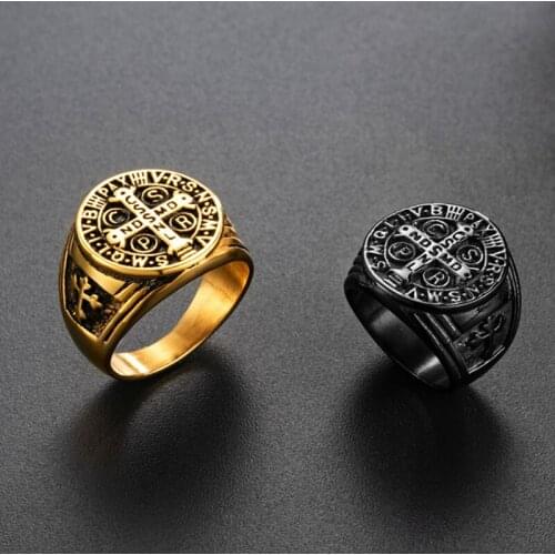 Vintage Saint Benedict CSPB Cross Ring Stainless Steel Mens Hip Hop Punk Jewelry Accessories Gift Wholesale