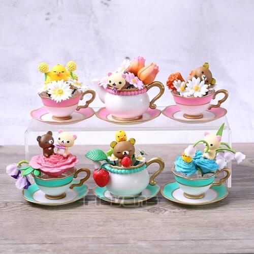 Japan Cartoon Cute Bear Flower Tea Cup PVC Figures Toys Dolls 6pcs/set