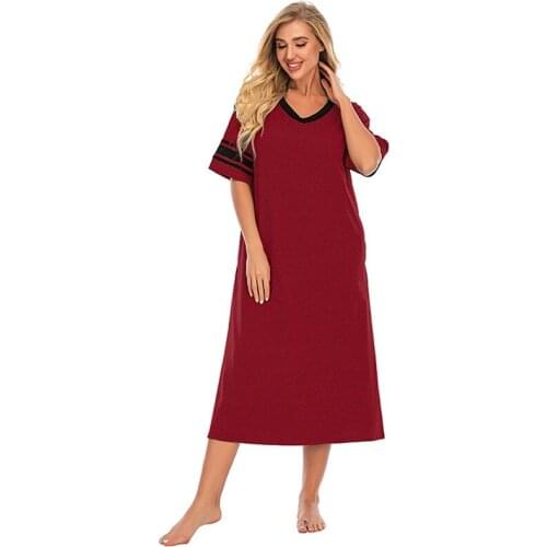 Women Fashion Casual Nightshirt V-neck Pajamas DressShort Sleeve Loose Nightgown Ultra-soft Sleepwear Mid-Calf Dress