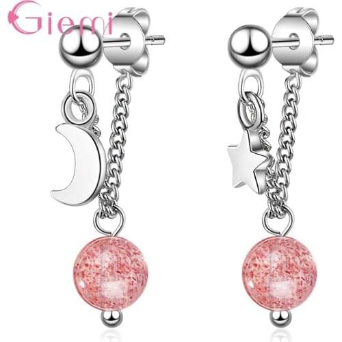 New 925 Sterling Silver Strawberry Crystal Ball Charm with Chain Earrings for Women Girl Garnet Earrings Party Jewelry