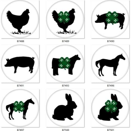Animal 4H Clover PIG HORSE Cow 10pcs mixed 12mm/18mm/20mm/25mm Round photo glass cabochon demo flat back Making findings TL524