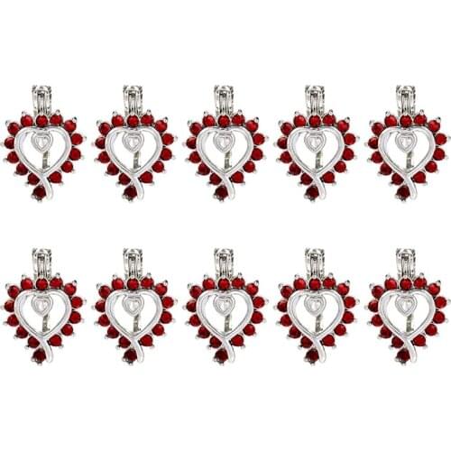 10x K1063 Red Rhinestone Heart Beads Cage Pendant Perfume Essential Oil Diffuser Pearl Cage Locket Pendant