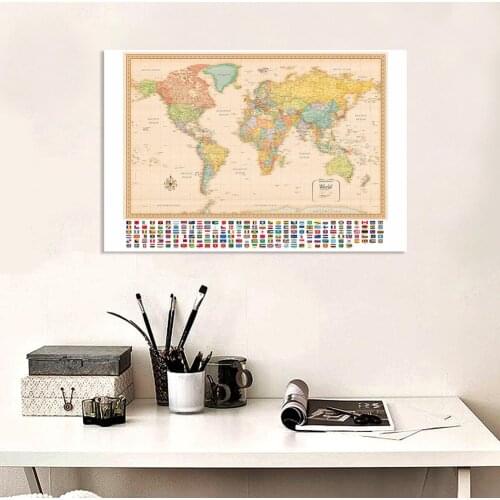 150*100cm The Retro World Map with National Flags Wall Art Poster Non-woven Canvas Painting School Supplies Classroom Home Decor