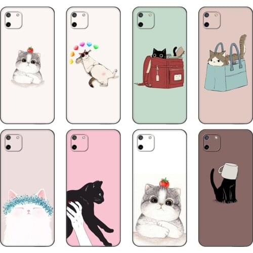Black tpu Case For OPPO Realme C11 C20 C21 Case Back Cover Bumper Cute cartoon pet cat