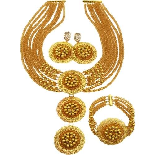 Champagne Gold African Beads Jewelry Set Crystal Beaded Necklace Bracelet Earrings Sets Nigerian Wedding Accessories 8C-3PH002